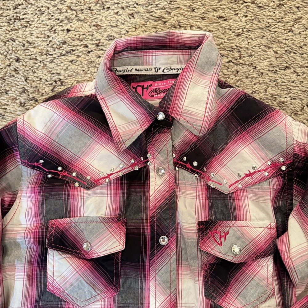 Cowgirl Hardware Girls M 7/8 Western Snap Shirt Pink Plaid Horse‎ Rhinestone - Picture 8 of 13